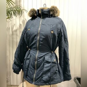 New navy Trench-coat with removable fur hoodie